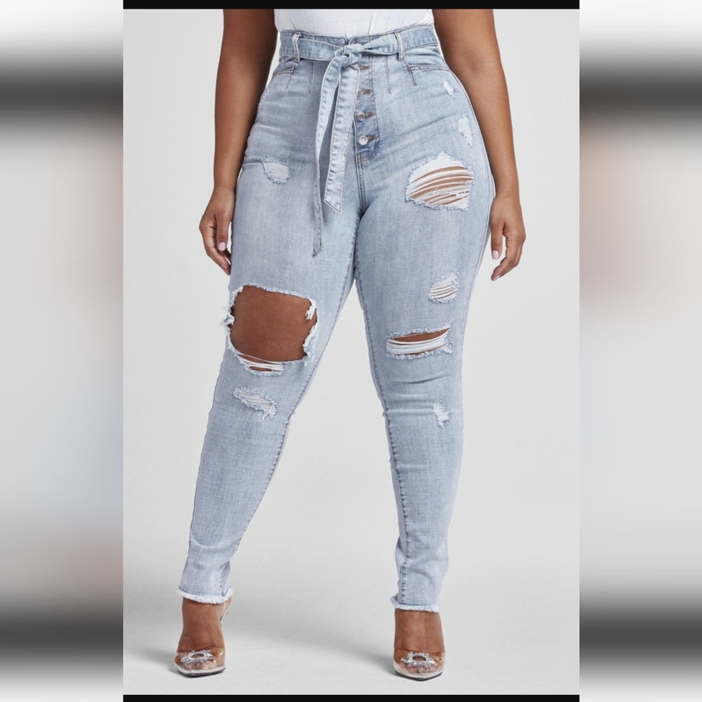 Fashion to Figure Ultra High Rise Tie Waist Destructed Jeans - Picture 2 of 3